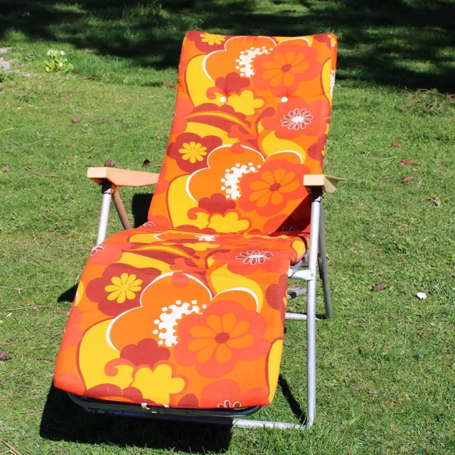 Bain de soleil transat chaise longue orange à fleurs KETTLER vintage