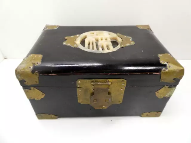 Chinese Timber Jewellery Box Etched Brass Bound Inlaid Carved Soapstone Silk