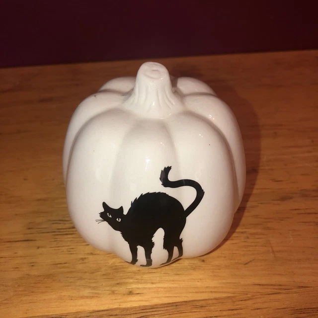 Adorable Halloween White Pumpkin Figurine With Black Cat ￼ Cute