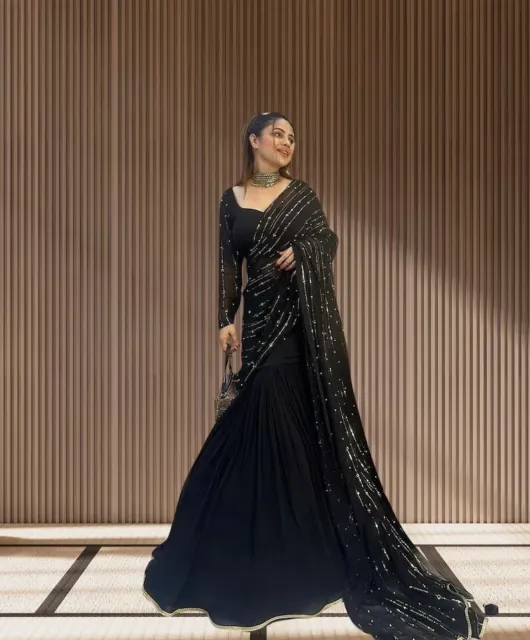 Black Designer Fox Georgette Ready to wear Lehenga saree Bollywood PartyWear RTC