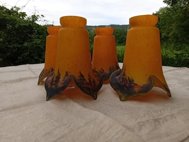 Lot de 4 Anciennes tulipes en pâte de verre Marmoreen ( No Muller Degue Vianne )