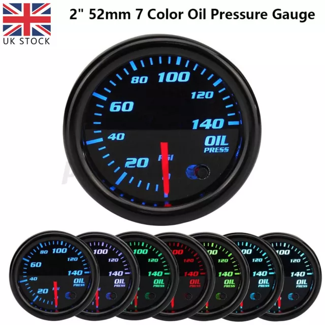 12V 2" 52mm Pointer 7 Color LED 140 PSI Oil Pressure Gauge Meter with Sensor