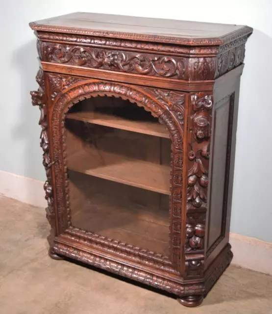 French Antique Renaissance Revival Display Cabinet/Bookcase with Carved Figures