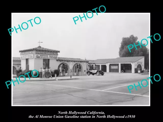 OLD POSTCARD SIZE PHOTO OF HOLLYWOOD THE AL MONROE UNION OIL GAS STATION c1930