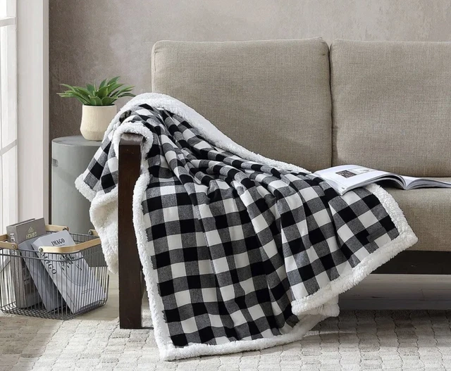 Eddie Bauer Throw Blanket, Reversible Sherpa Fleece Bedding Buffalo Plaid  NEW