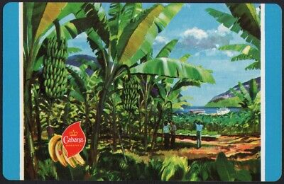 Vintage playing card CABANA BANANAS blue border picturing a banana plantation