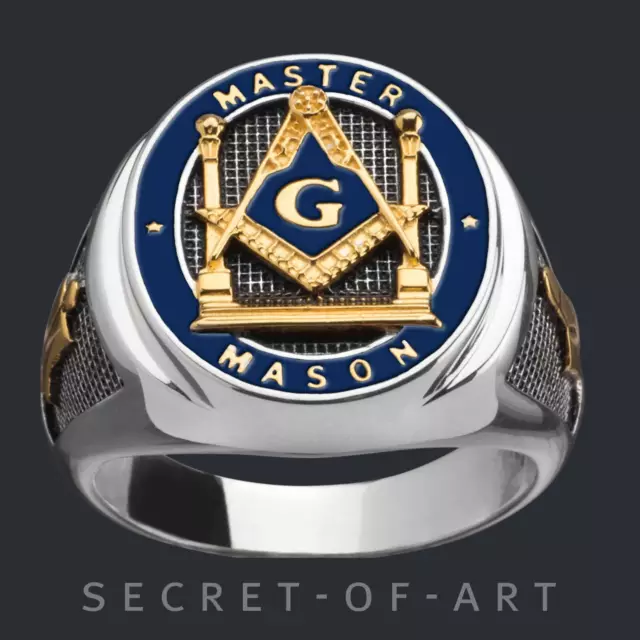 Masonic Ring Master Mason Freemason Pillars Silver 925 & GoldPlated, blue enamel