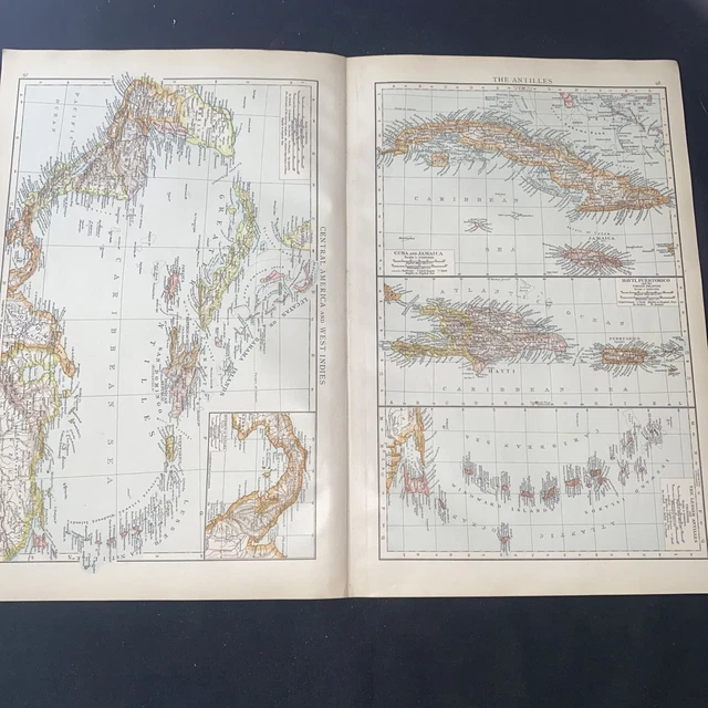 1885 Central America Antilles The Times Atlas Antique Map