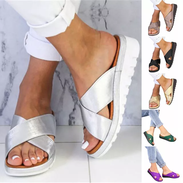 Womens Wide Fit Sandals Wedges Slippers Ladies Peep Toe Mules Platform Shoes New