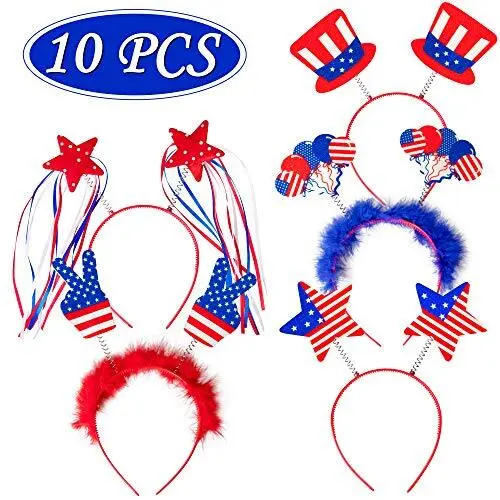10 PCS Patriotic Head Boppers Headband Star Uncle Sam Hat Balloons 4th of July