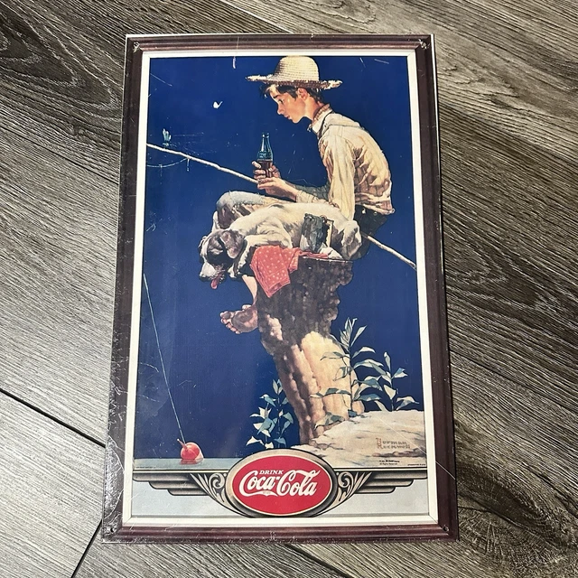 VTG COCA COLA Metal Sign Norman Rockwell Fishing Boy w/ Dog