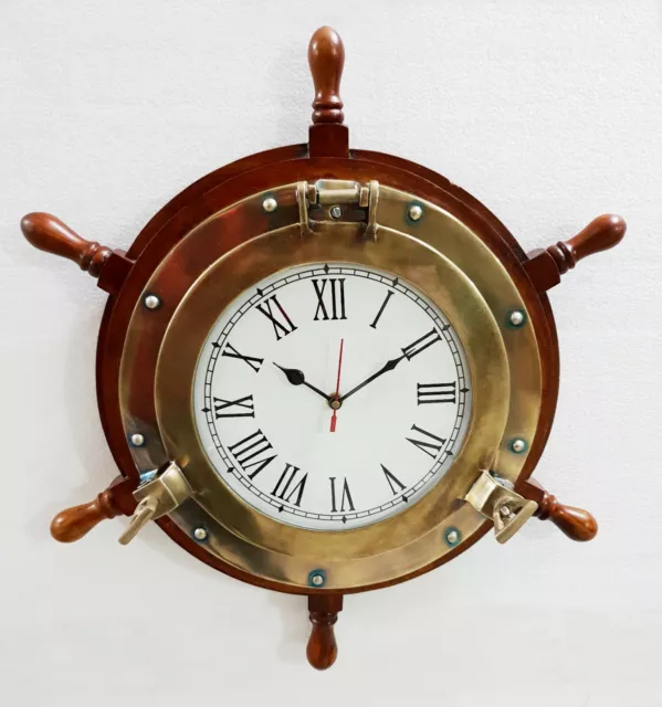 Antique Marine 18" Wooden Ship Wheel Porthole Vintage Clock Nautical Wall Clock