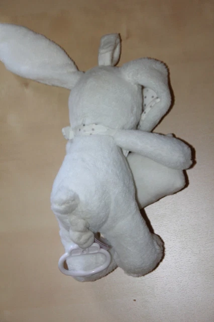 DOUDOU Peluche POMMETTE LAPIN BLANC MUSICAL  COUSSIN BEBE POIS GRIS BANDANA NEUF 3