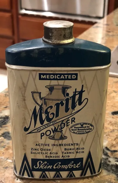 Vintage Merit Medicated Powder Tin 4.75” 1/2 Full