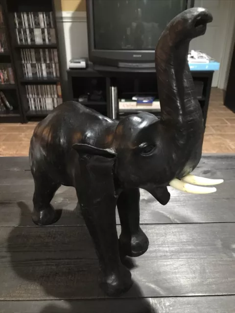 Vintage Black Leather Wrapped Elephant Figurine Sculpture 13” Tall India Trunk