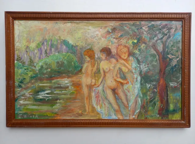 Ancien tableau BAIGNEUSES ou Trois GRÂCES peinture impressionniste - FEMMES NUES
