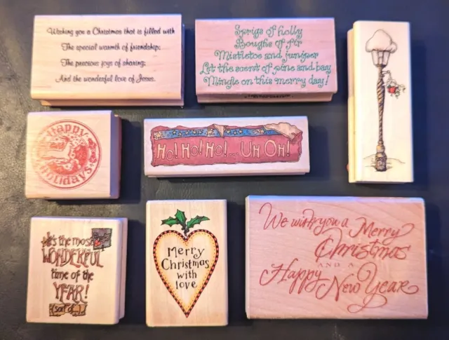 Lot Of 8 Christmas Themed Wood Mounted Rubber Stamps Uptown Inkadinkado Boyds