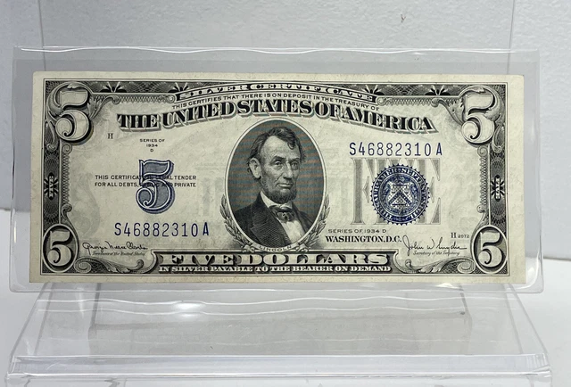 1934-D SERIES $5 Silver Certificate-AU AU-Blue Seal S46882310A