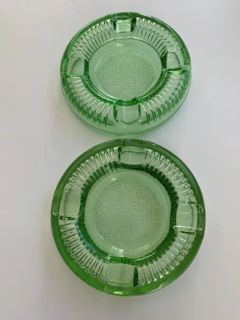 Pair Vintage Attractive Green Glass Ashtrays 4.5" in Diameter 1" Tall