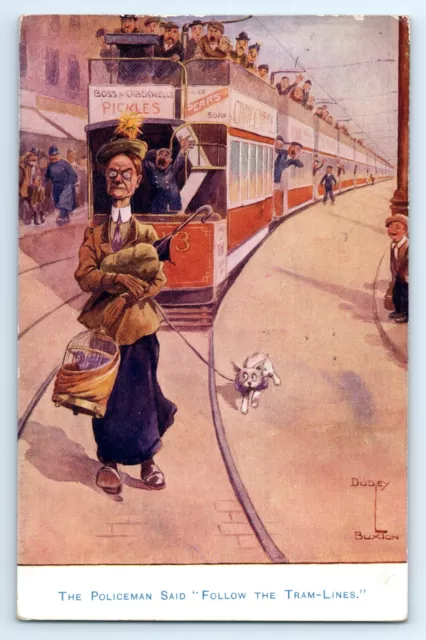 POSTCARD Dudley Buxton comic old lady & dog "policeman said follow tram-lines"