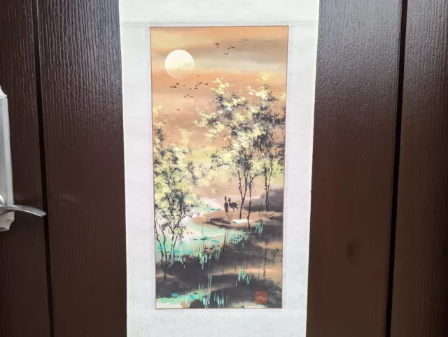 Vintage Chinese Landscape Ink Calligraphy on Rice Paper Scroll Painting Stamped