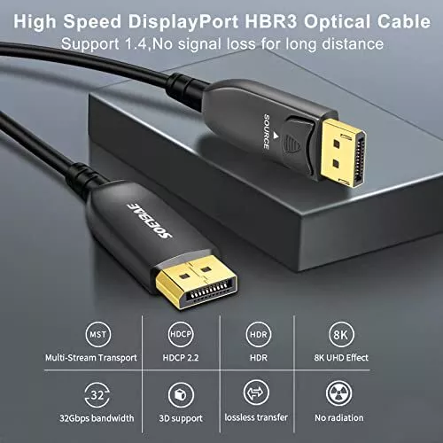 SOEYBAE 8K Fiber DisplayPort Cable 20m, 8K DP 1.4 Cable, Support 32.4Gbps Ultra