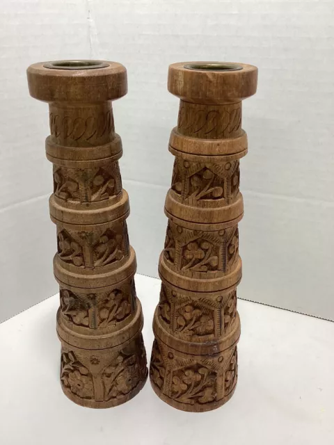 Vintage Wood Carved 8 Inch Pair  Candle Stick Holders (please Read)
