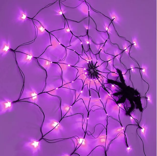 Purple Spiders web and spider 80 LED 2.62 ft Halloween USB power bank