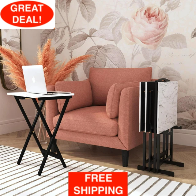 5-Piece Wood and White Faux Marble Folding TV Snack Tray Table Set with Stand