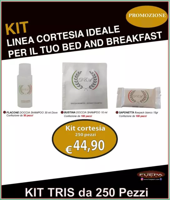 Set Cortesia Kit 250 Pezzi Flacone+Saponetta+Bustina Per Hotel B&B.