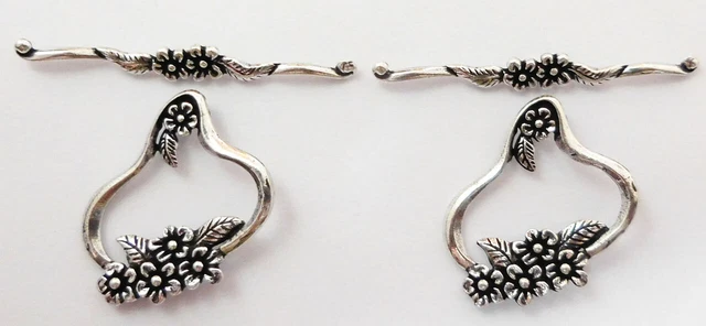 2 Set 39X49mm Bali Flower Toggle Clasp Antique Silver Plated Jewelry