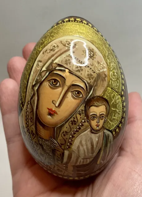 Kazan Madonna Child Virgin Mary Baby Jesus Painted Wood Egg Russian Signed