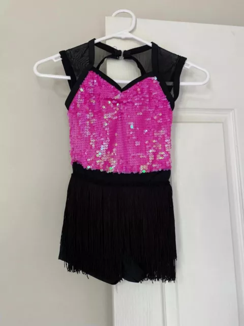 Weissman Pink and Black Sequined Dance Costume Built in Shorts Size Child SC