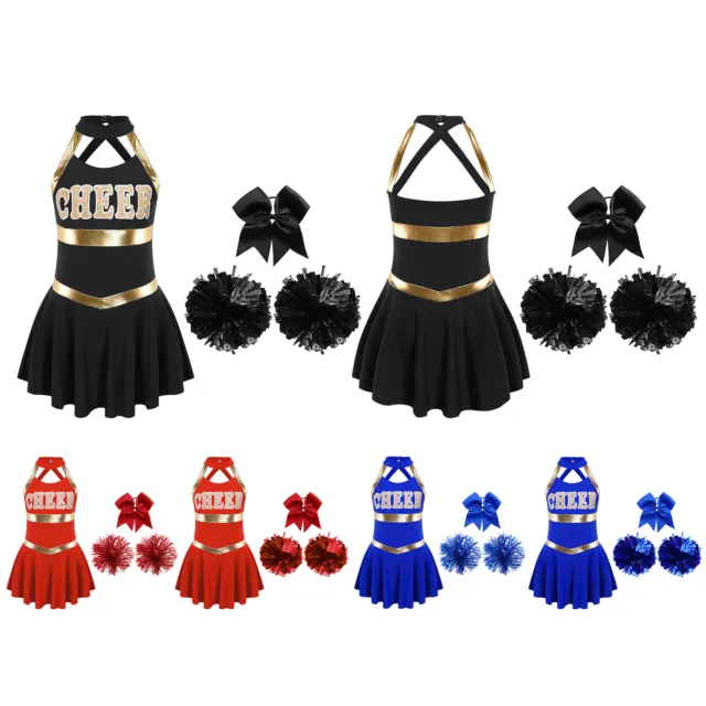 Kids Girls Cheer Costume Halter Neck Dress With Flower Balls Printed Dancewear