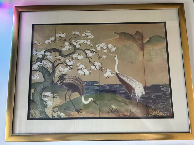 Print of Japanese Cranes w/ Cherry Blossoms Professionally Matted and Framed Art