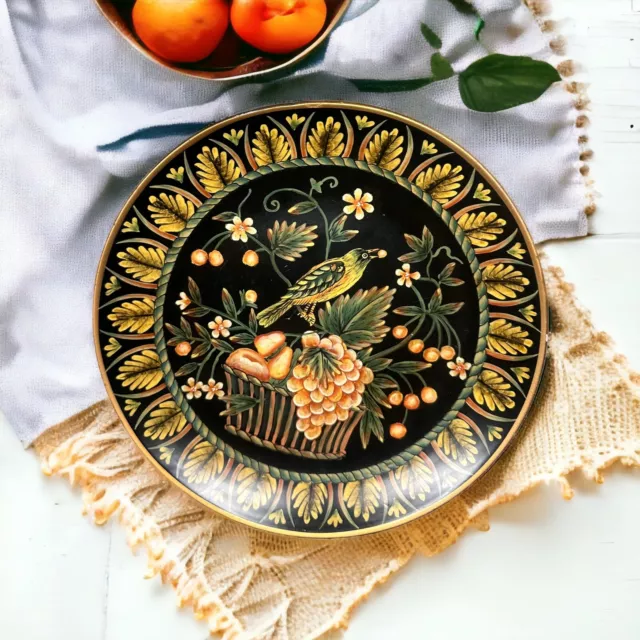 Vintage Accent Decor Oriental Porcelain Plate Bird Fruit Flowers Basket Nature