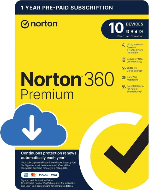 Norton 360 Premium 2024 10 Device 1 Year VPN Internet Security 5 Minute Delivery