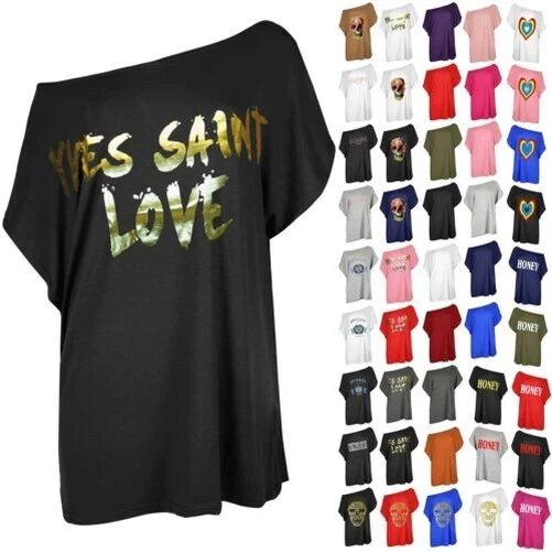 Donna Oversize Largo Stampato Maniche a Pipistrello Monospalla T Shirt Maglietta