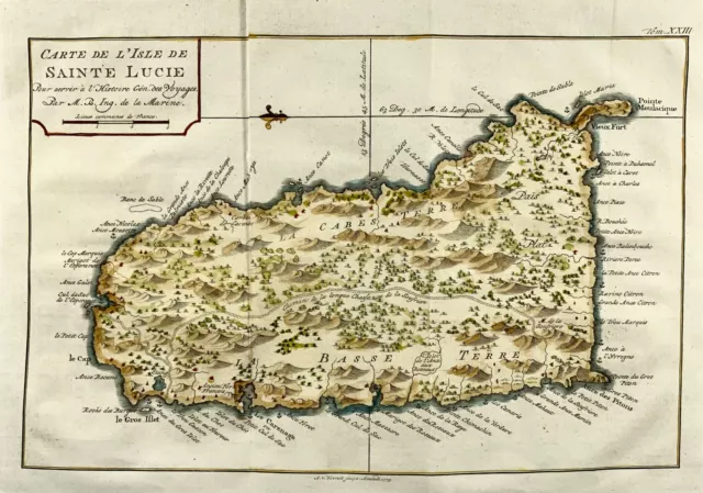1775, Jacques Nicolas Bellin, St Lucia, West Indies, hand colored map, foreign t