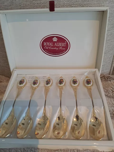 6 Gold Plated Spoons Royal Albert Old Country Roses New In Wrapping
