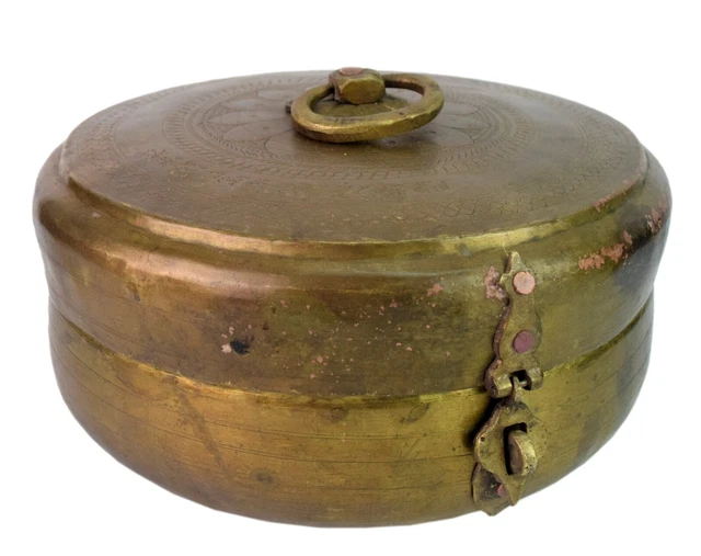 Old Brass Made Inlay Carving Work Chapatti Box Nice Kitchen Decorative G66-1081