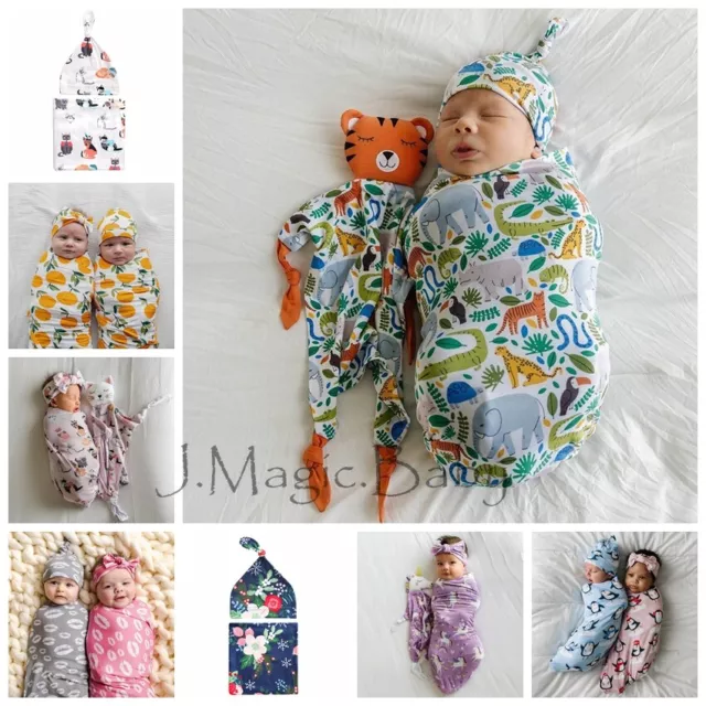 Newborn Baby Infant Swaddle Sleeping Blanket Wrap Hat Beanie Set Photoprop Gift