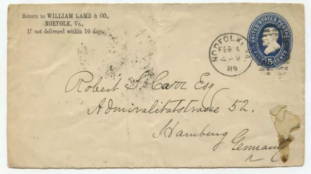 35905 - USA - Ganzsache - Umschlag - Norfolk VA 4.2.1889 nach Hamburg