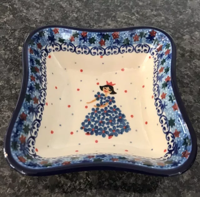 New Polish Pottery Blue Princess Squarish Bowl Tray Japanese (50% to Charity)