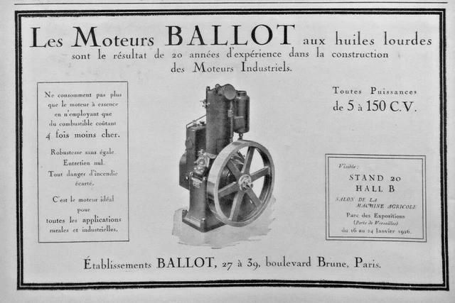 Publicité De Presse 1926 Les Moteurs Ballot Aux Huiles Lourdes