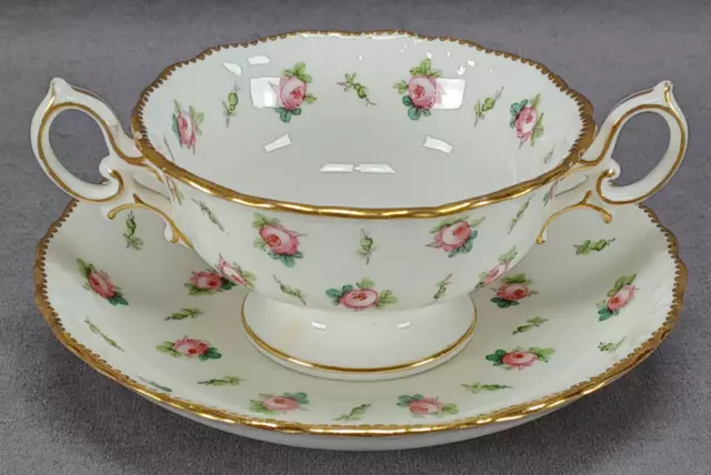 Minton Tiffany & Co Hand Painted Pink Roses & Gold Bouillon Cup & Saucer B