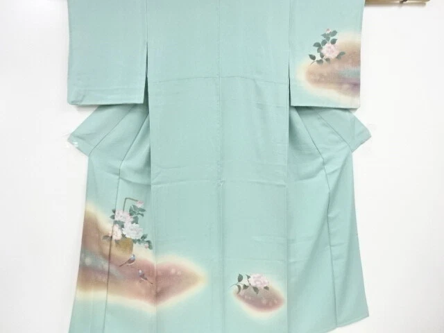 37294# Japanese Kimono / Antique Hitoe Kimono / Camellia & Birds