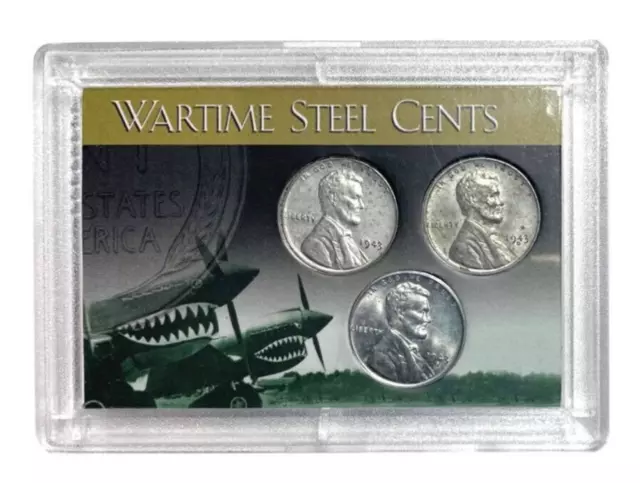 (Set of 3)-1943 P D S Wheat head Lincoln 3 Penny Set in Collection Case EF/AU