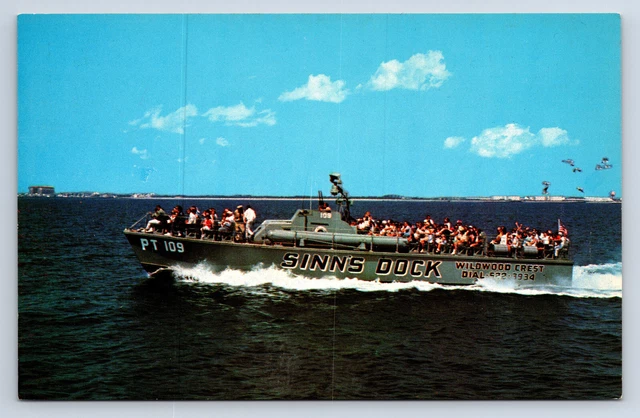Vintage Postcard Wildwood Crest NJ Capt. Sinn's Dock P.T. 109 Speed Boat P25
