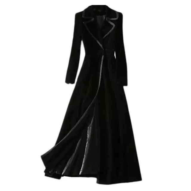 Womens Overcoat Slim Maxi Black Velvet Formal Suit Lapel Collar Trench Outwear